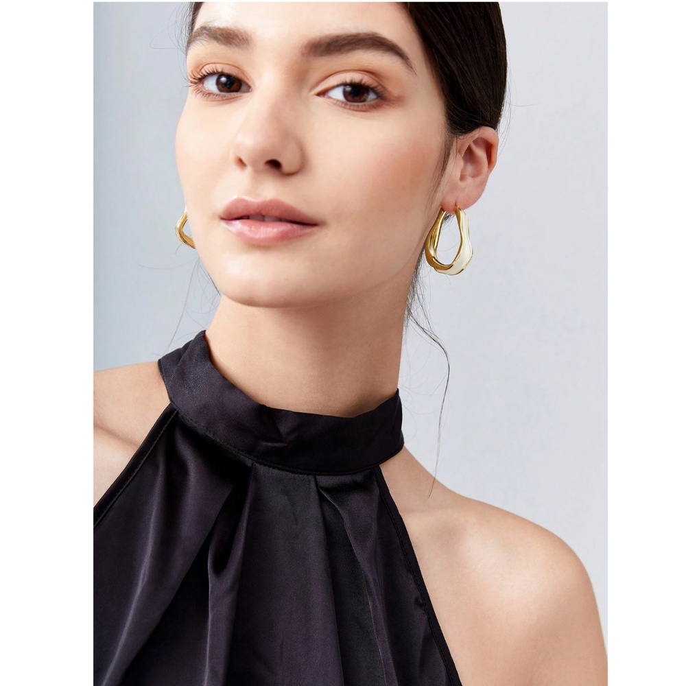 Yellow Gold Tone Irregular Shape Hoop Earrings Off White Filling - Picture 7 of 8